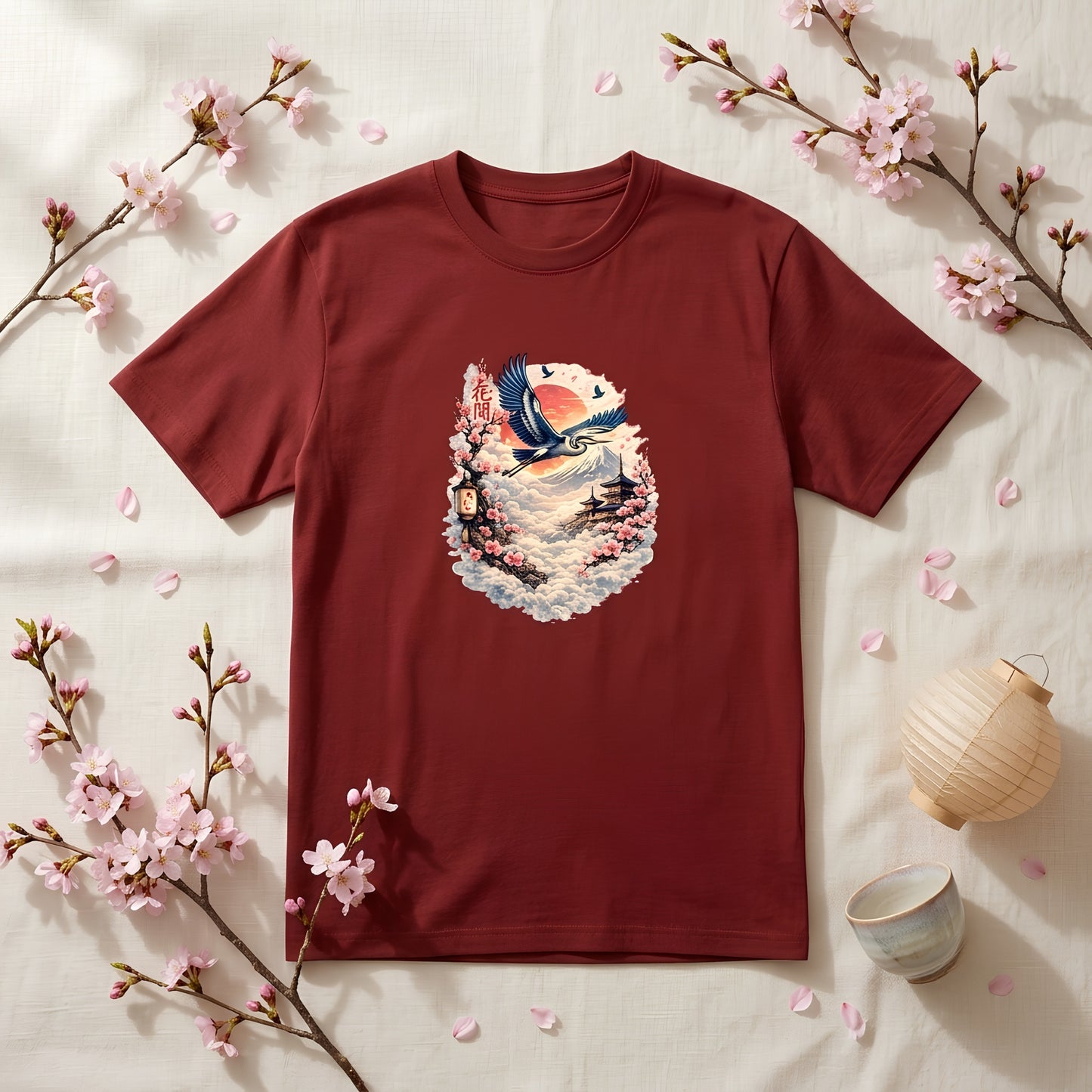 Japanese Crane Sakura T-Shirt | Cherry Blossom Mount Fuji Graphic Tee | Aesthetic Bird Art Unisex Stretch Top