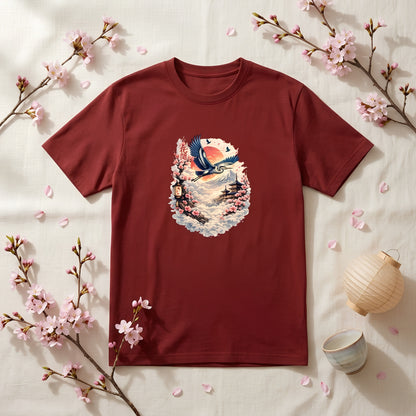 Japanese Crane Sakura T-Shirt | Cherry Blossom Mount Fuji Graphic Tee | Aesthetic Bird Art Unisex Stretch Top