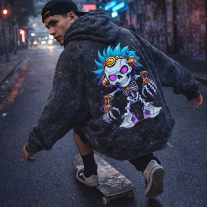 Neon Skull Graphic Hoodie | Cyberpunk Acid Wash Oversized Hoodie by Teezly