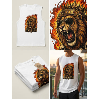 Roaring Lion King Sleeveless T-Shirt for Men | Flaming Skull Graphic Cotton Gym Tank | Streetwear Muscle Tee