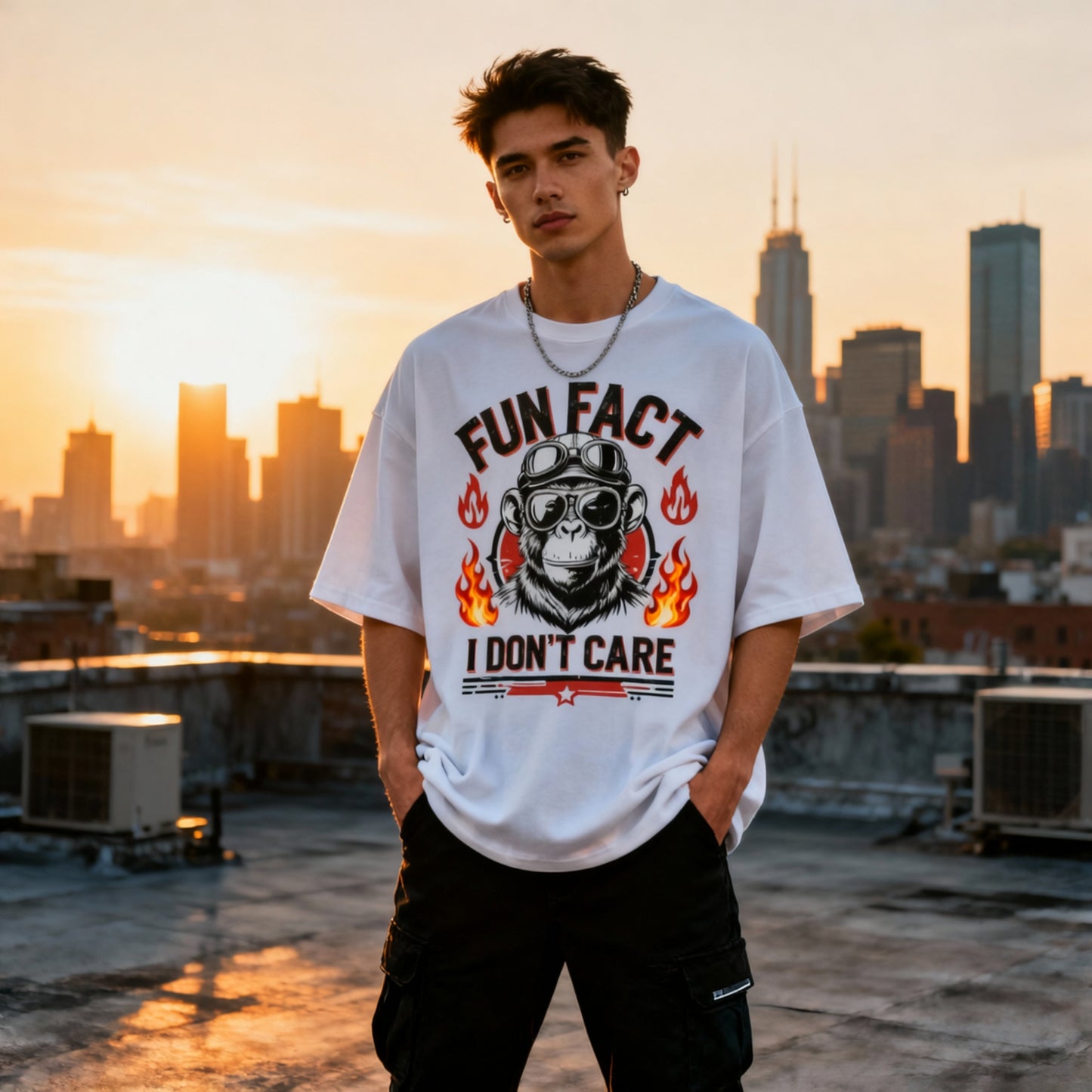 'I Don’t Care' Slogan Tees | Edgy Unisex Oversized 'Fun Fact' Graphic Tee | Monkey with Aviator Goggles & Flames | Unisex Oversized Classic T-Shirt