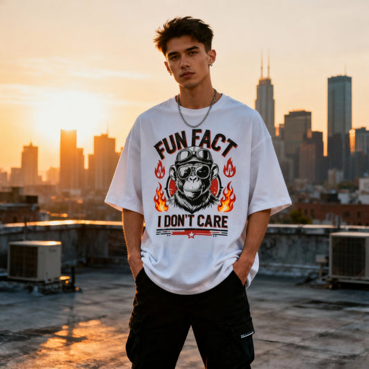 'I Don’t Care' Slogan Tees | Edgy Unisex Oversized 'Fun Fact' Graphic Tee | Monkey with Aviator Goggles & Flames | Unisex Oversized Classic T-Shirt