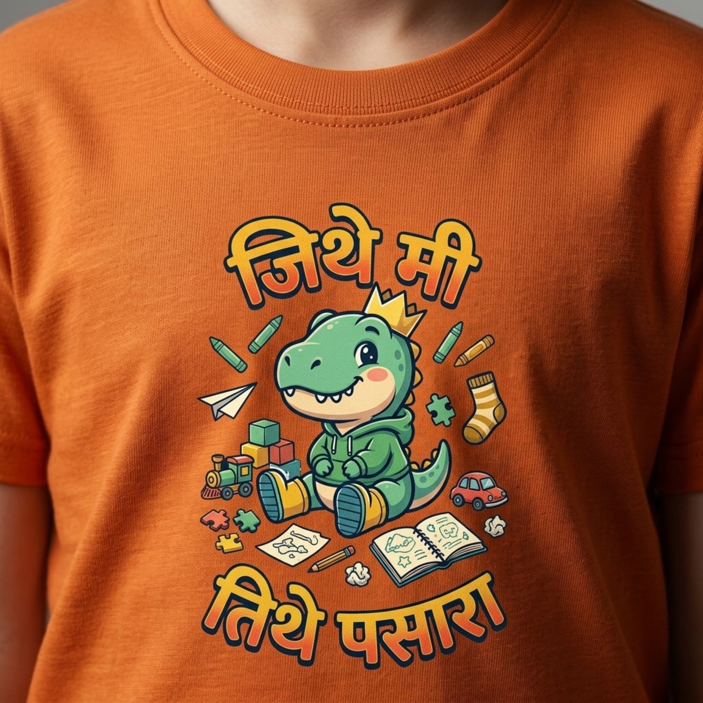 Funny Orange kids t-shirt with a cartoon dinosaur and educational items on a plain background,marathi text on tshirt 'Jithe mi Tithe pasara'