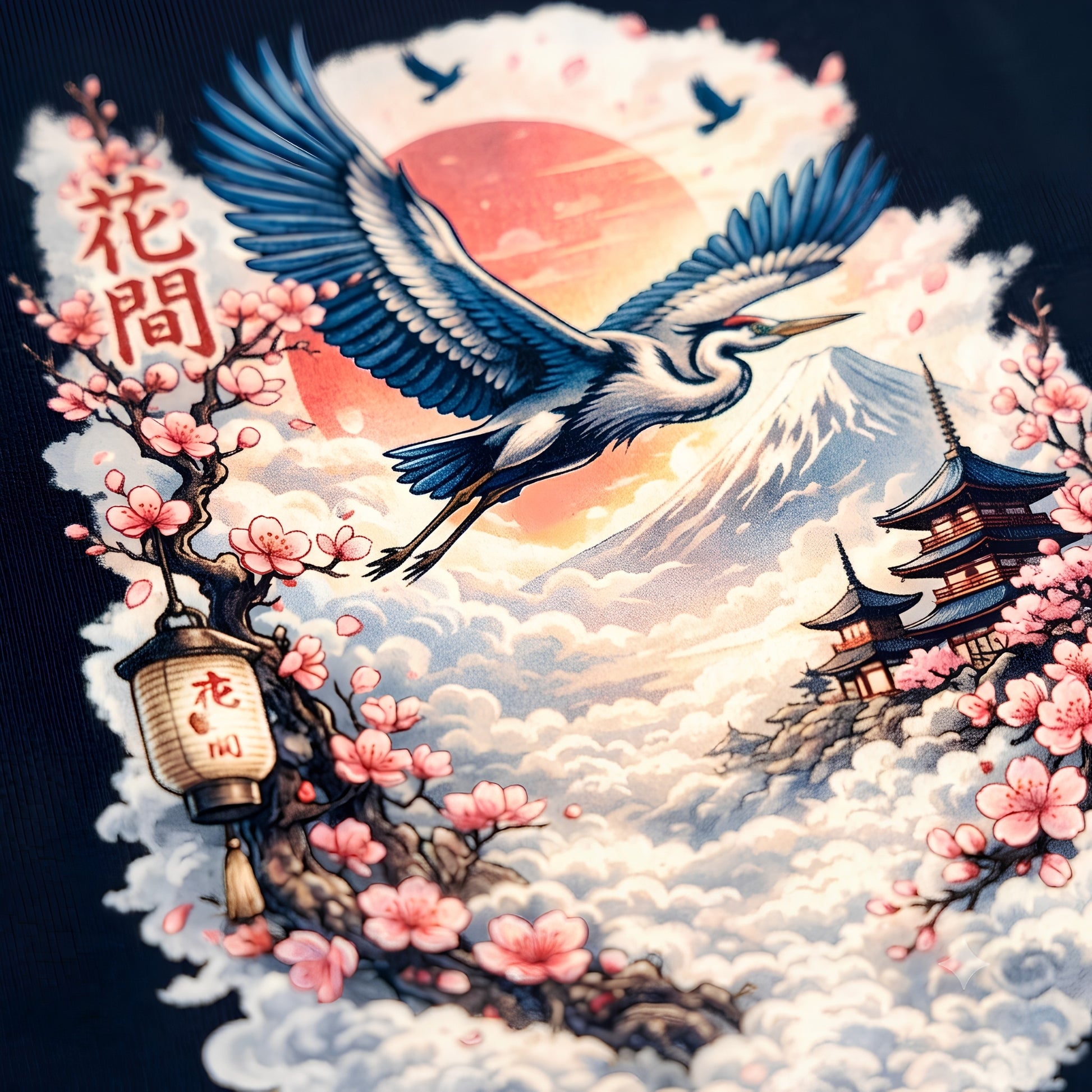 Close-up of Japanese crane and Mount Fuji sunset graphic print with kanji calligraphy text on unisex cotton stretch t-shirt