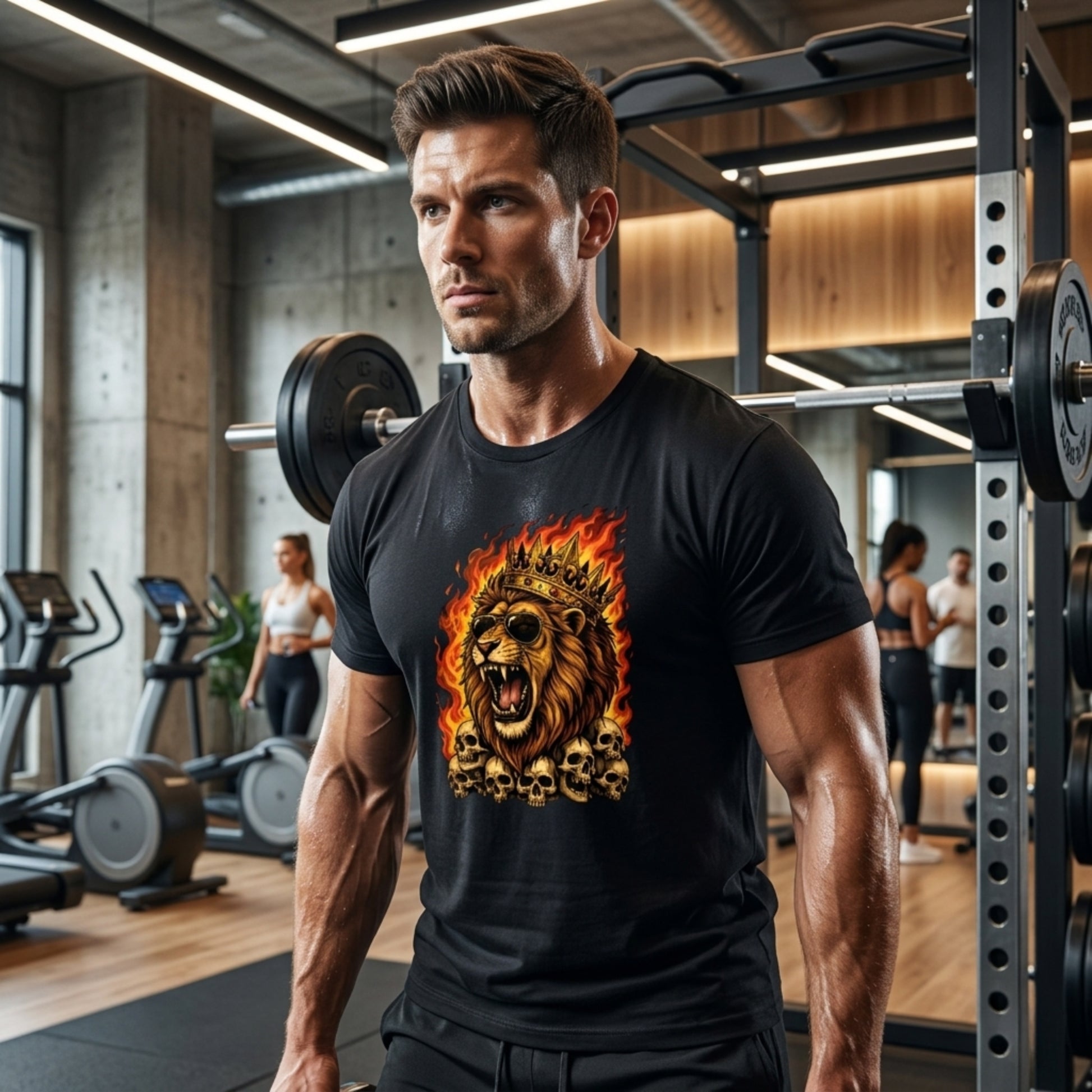 Man lifting weights in a gym wearing a black t-shirt with a lion graphic.