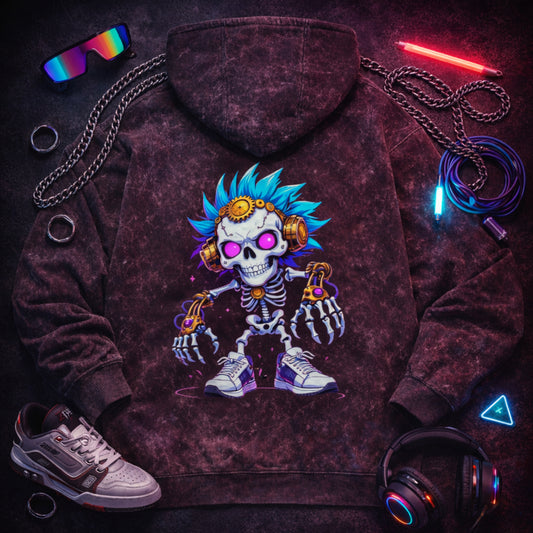 Neon Skull Graphic Hoodie | Cyberpunk Acid Wash Oversized Hoodie by Teezly