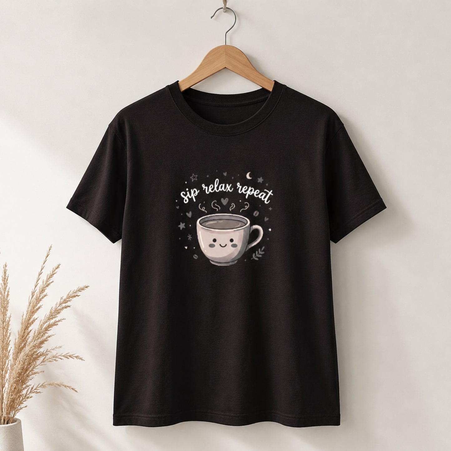women's crew neck tshirt with printed text 'sip relax repeat' and coffee mug 