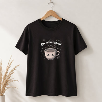 women's crew neck tshirt with printed text 'sip relax repeat' and coffee mug 