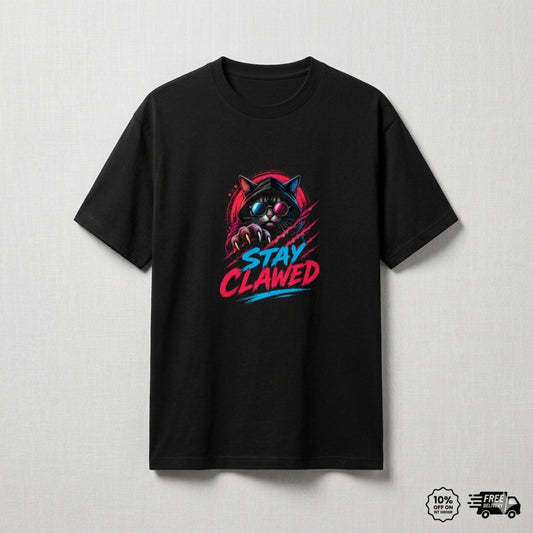 Black t-shirt with a colorful graphic and 'Stay Clawed' text on a light gray background