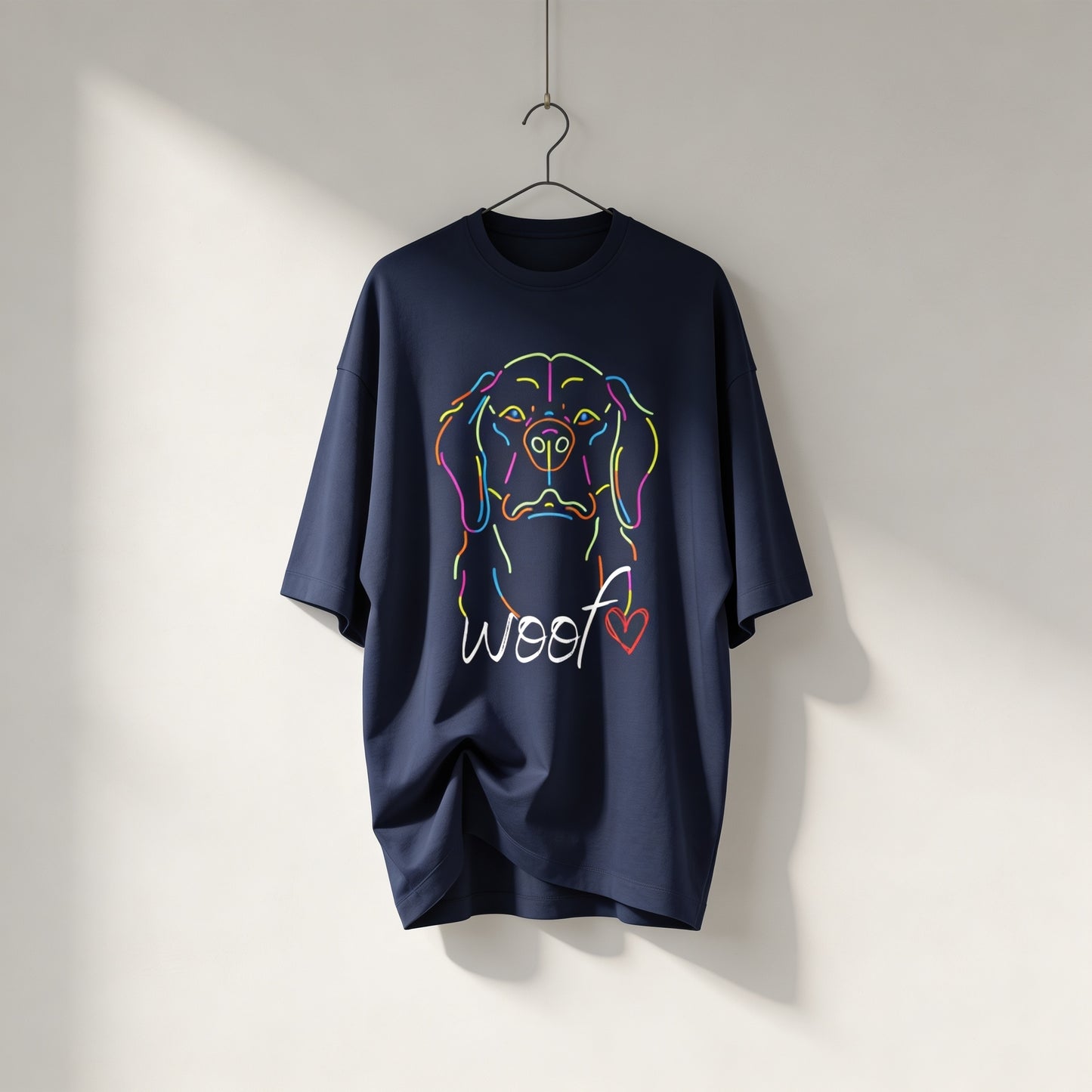 Neon Dog Line Art T-Shirt | "Woof" Dog Lover Streetwear Shirt | Oversized Unisex Terry Tee