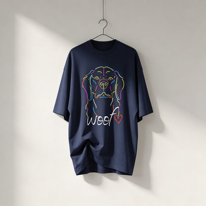 Neon Dog Line Art T-Shirt | "Woof" Dog Lover Streetwear Shirt | Oversized Unisex Terry Tee