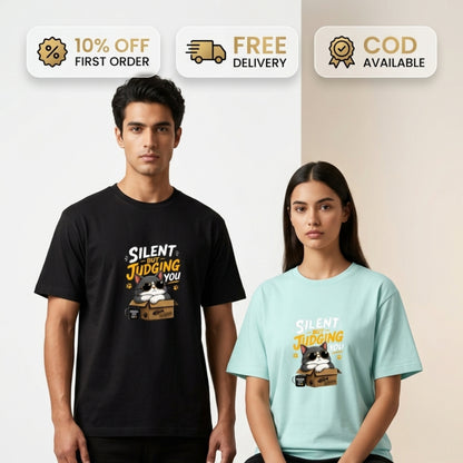 Two people wearing humorous meme-style graphic t-shirts with a cat graphic design and promotional text above them.