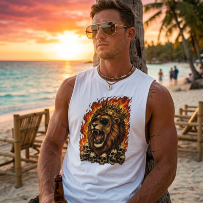 Roaring Lion King Sleeveless T-Shirt for Men | Flaming Skull Graphic Cotton Gym Tank | Streetwear Muscle Tee
