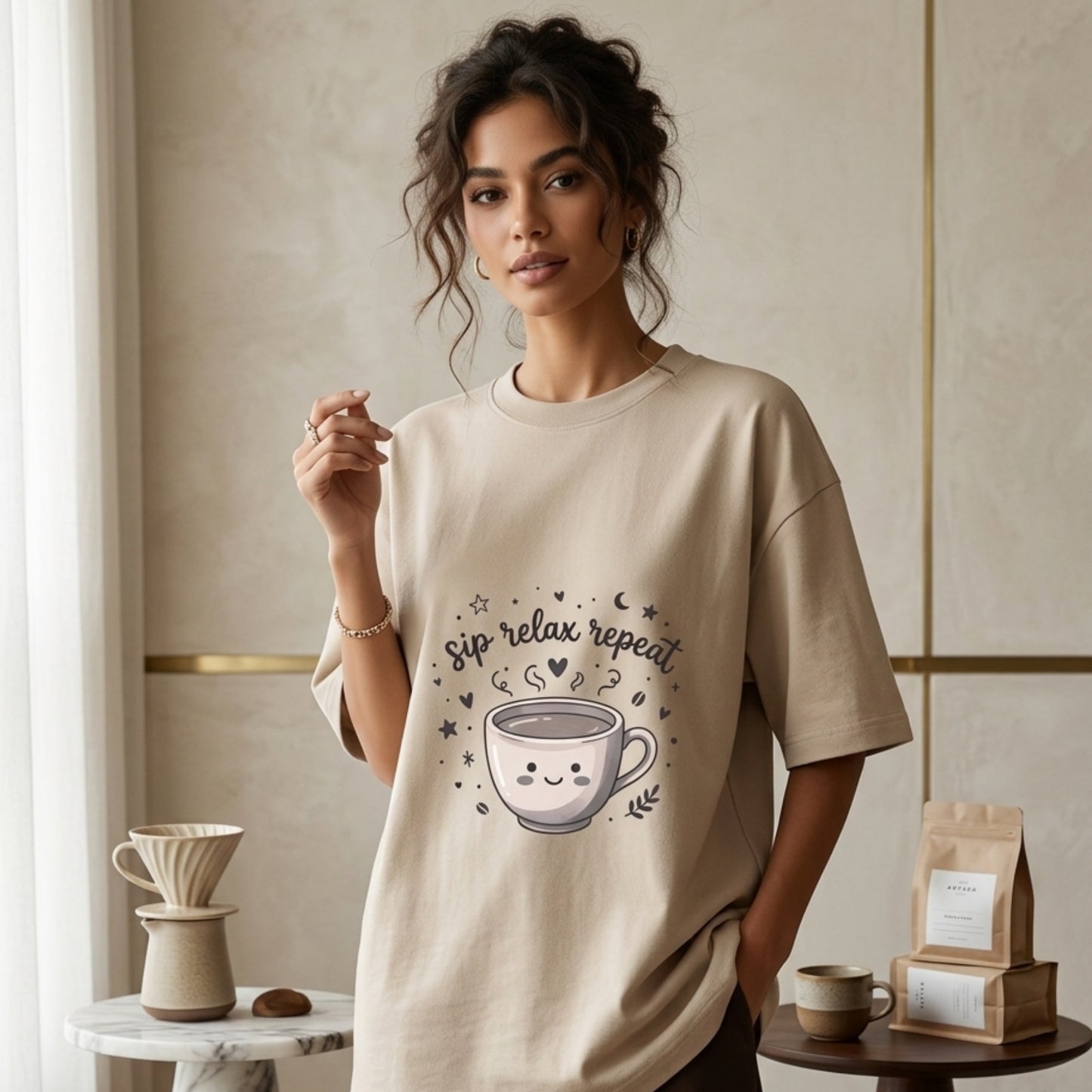 Sip Relax Repeat Oversized T-Shirt for Coffee Lover | Cute Coffee Graphic Tee | Unisex 100% Cotton 180 GSM Casual Streetwear