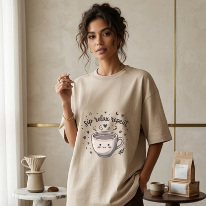 Sip Relax Repeat Oversized T-Shirt for Coffee Lover | Cute Coffee Graphic Tee | Unisex 100% Cotton 180 GSM Casual Streetwear