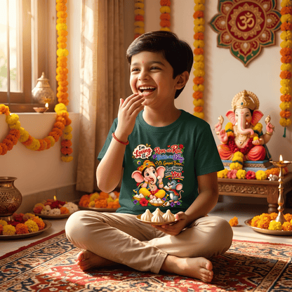 Ganpati Bappa Kids T-Shirt | Cute Ganesha & Mooshak Cotton Tee for Boys India