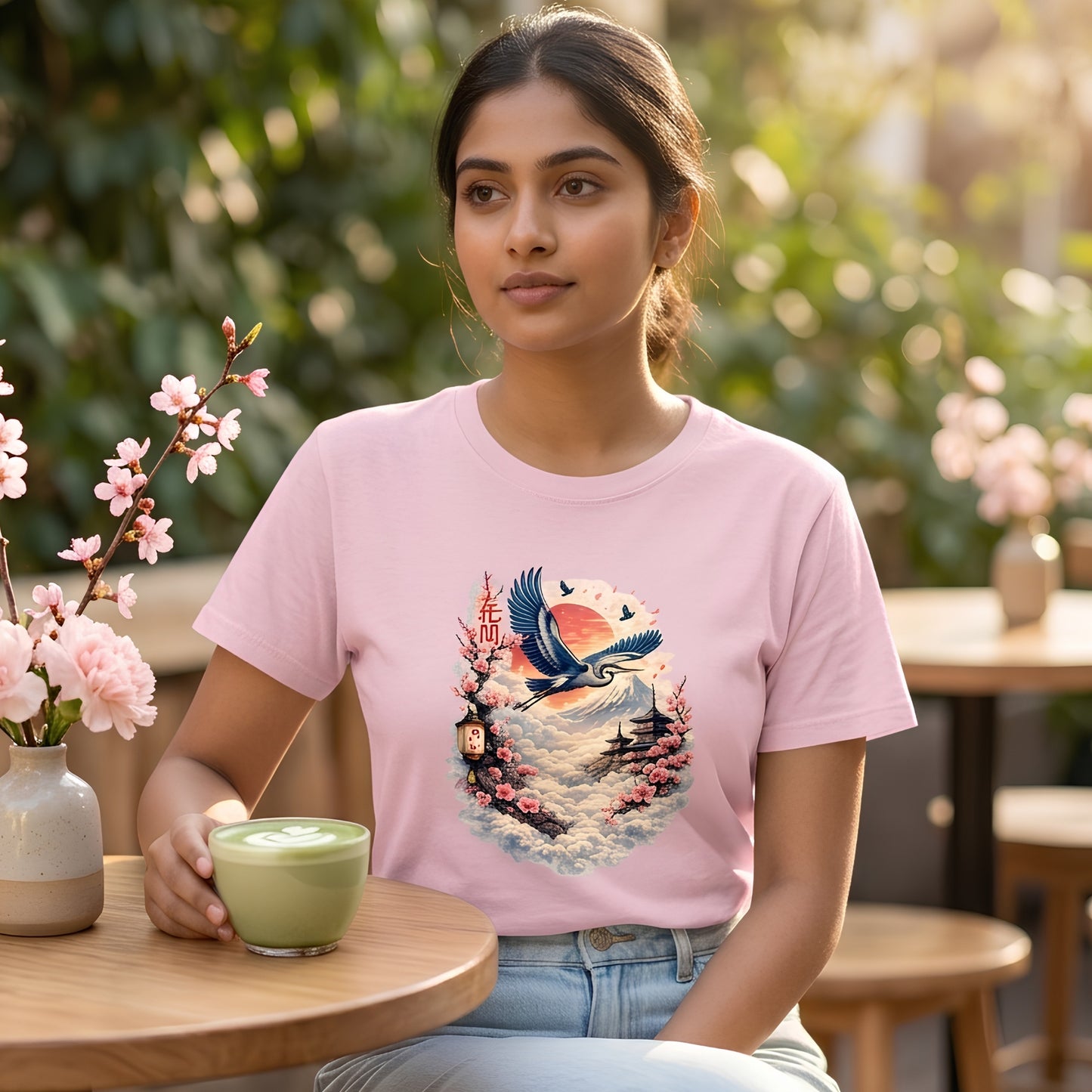 Unisex 95% cotton 5% elastane stretch t-shirt with Japanese sakura cherry blossom and crane bird aesthetic art design
