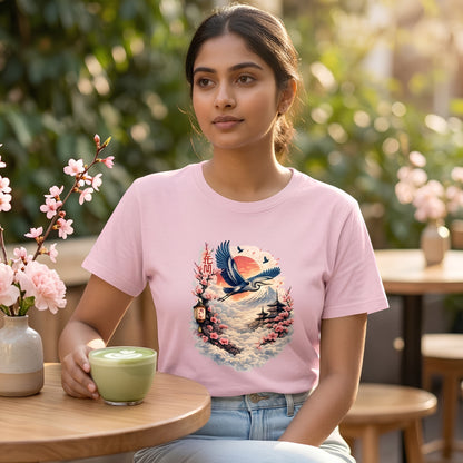 Unisex 95% cotton 5% elastane stretch t-shirt with Japanese sakura cherry blossom and crane bird aesthetic art design
