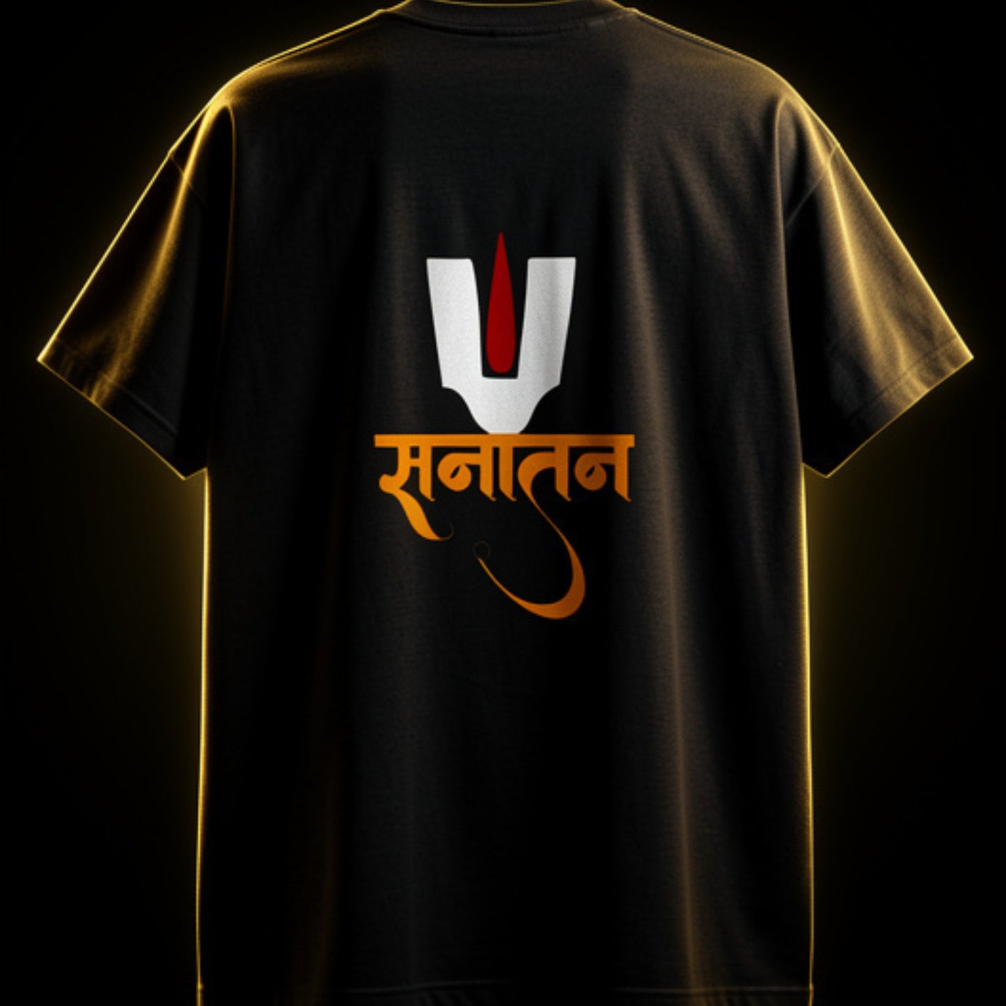 Hindu spiritual Black t-shirt with a logo and 'sanatan' text on the back against a dark background