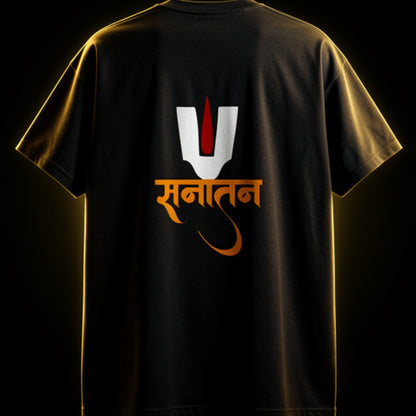 Hindu spiritual Black t-shirt with a logo and 'sanatan' text on the back against a dark background