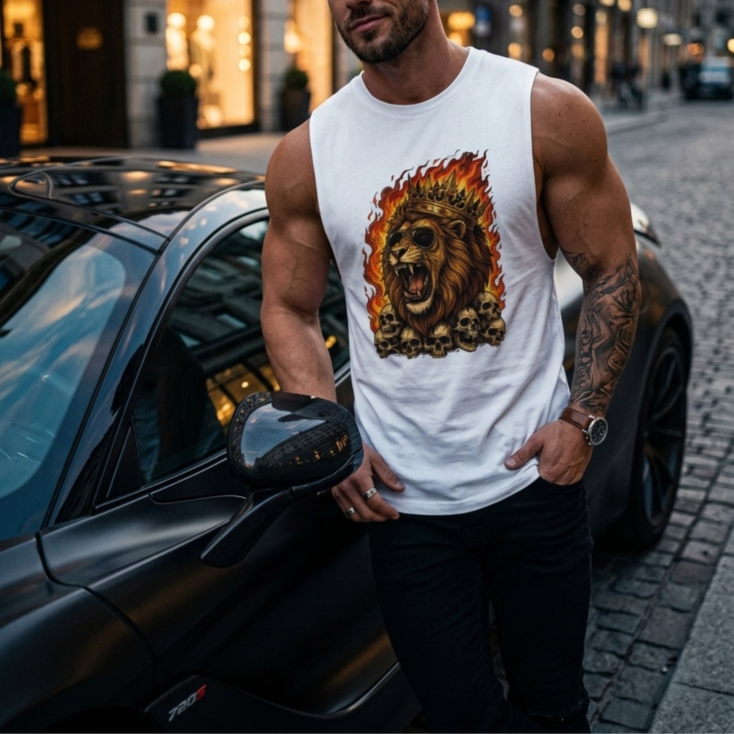 Roaring Lion King Sleeveless T-Shirt for Men | Flaming Skull Graphic Cotton Gym Tank | Streetwear Muscle Tee