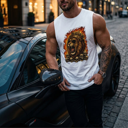 Roaring Lion King Sleeveless T-Shirt for Men | Flaming Skull Graphic Cotton Gym Tank | Streetwear Muscle Tee