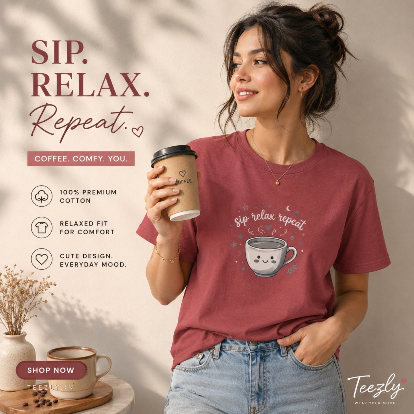 women's crew neck tshirt with printed text'sip relax repeat' and coffee mug 