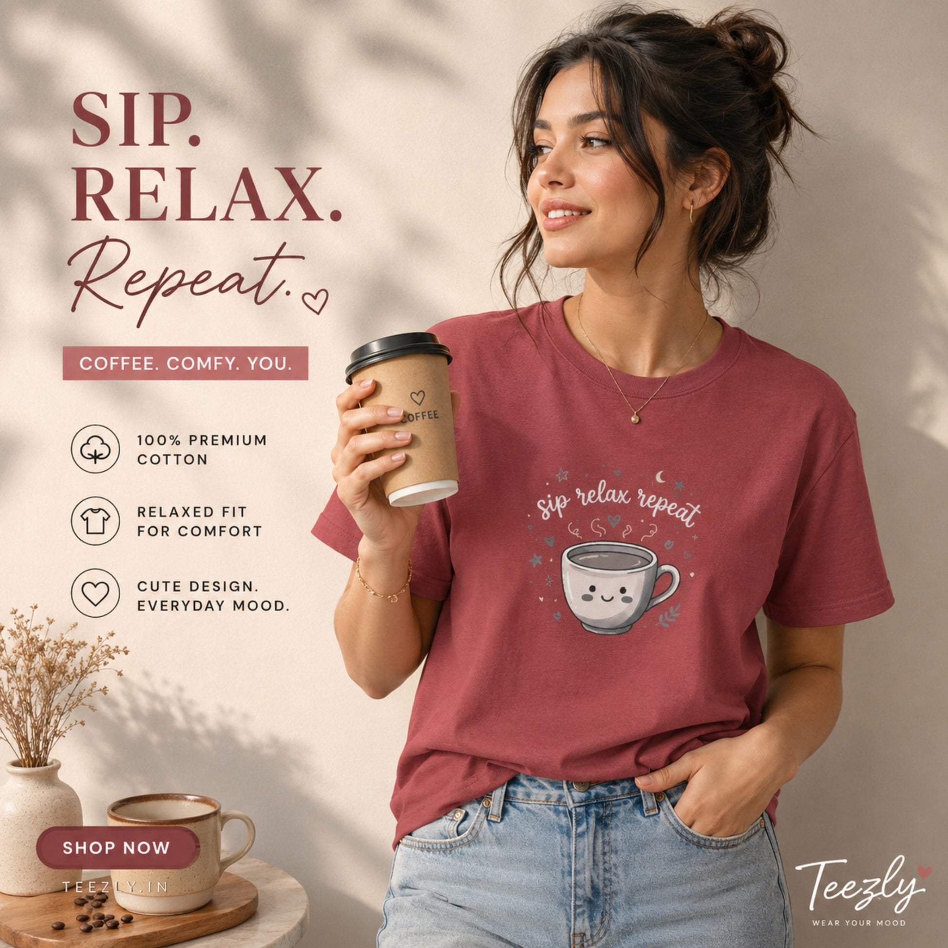 women's crew neck tshirt with printed text'sip relax repeat' and coffee mug 