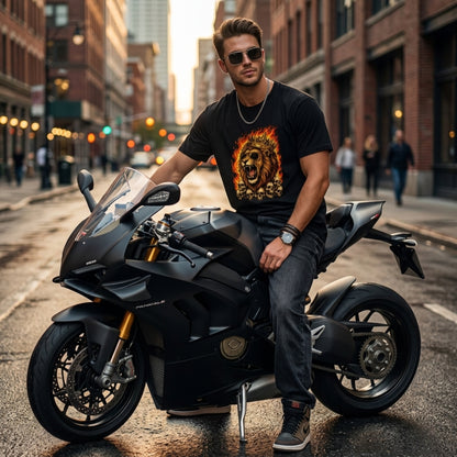 Roaring Lion Graphic T-Shirt | Flaming Skull King Cotton Tee | Streetwear Lion Print Shirt for Men Women