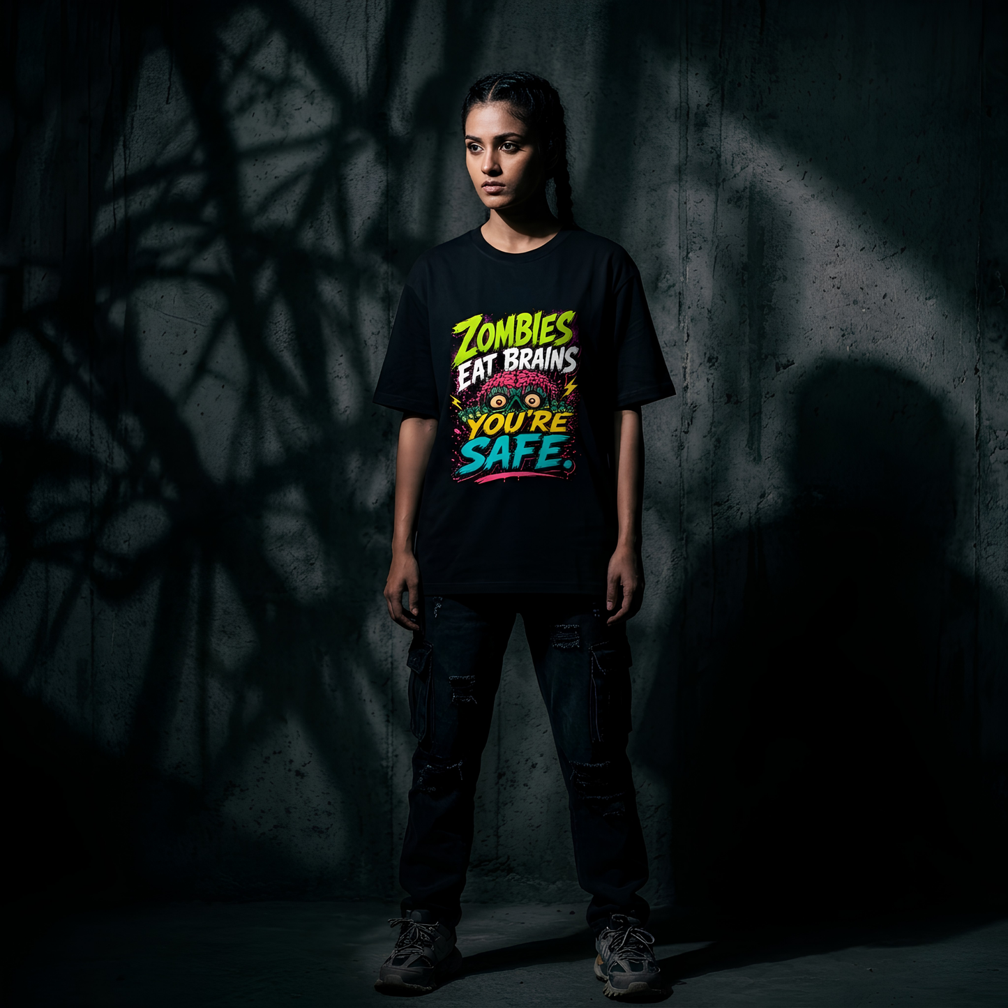 Zombies Eat Brains You're Safe – Funny Graphic T-Shirt | Teezly.in