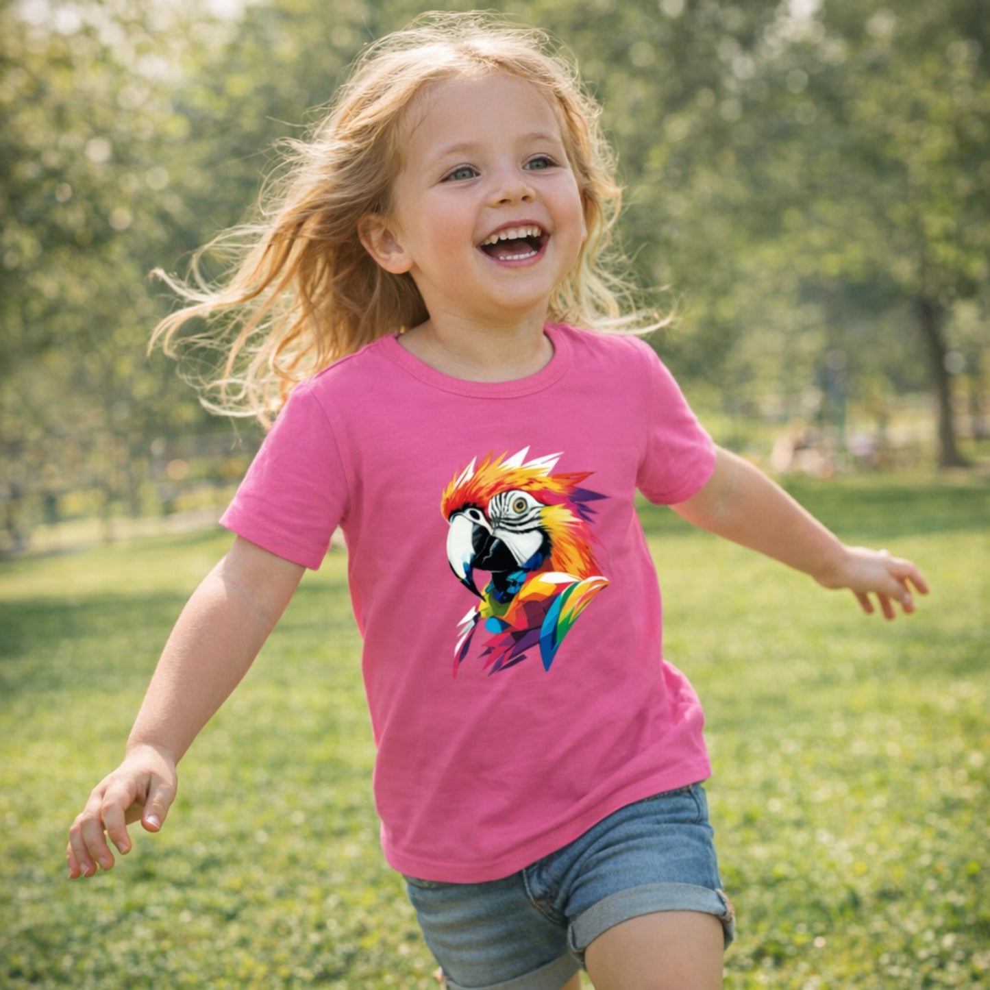 Colorful Parrot Kids T-Shirt | Geometric Cute Bird Print Tees for Children