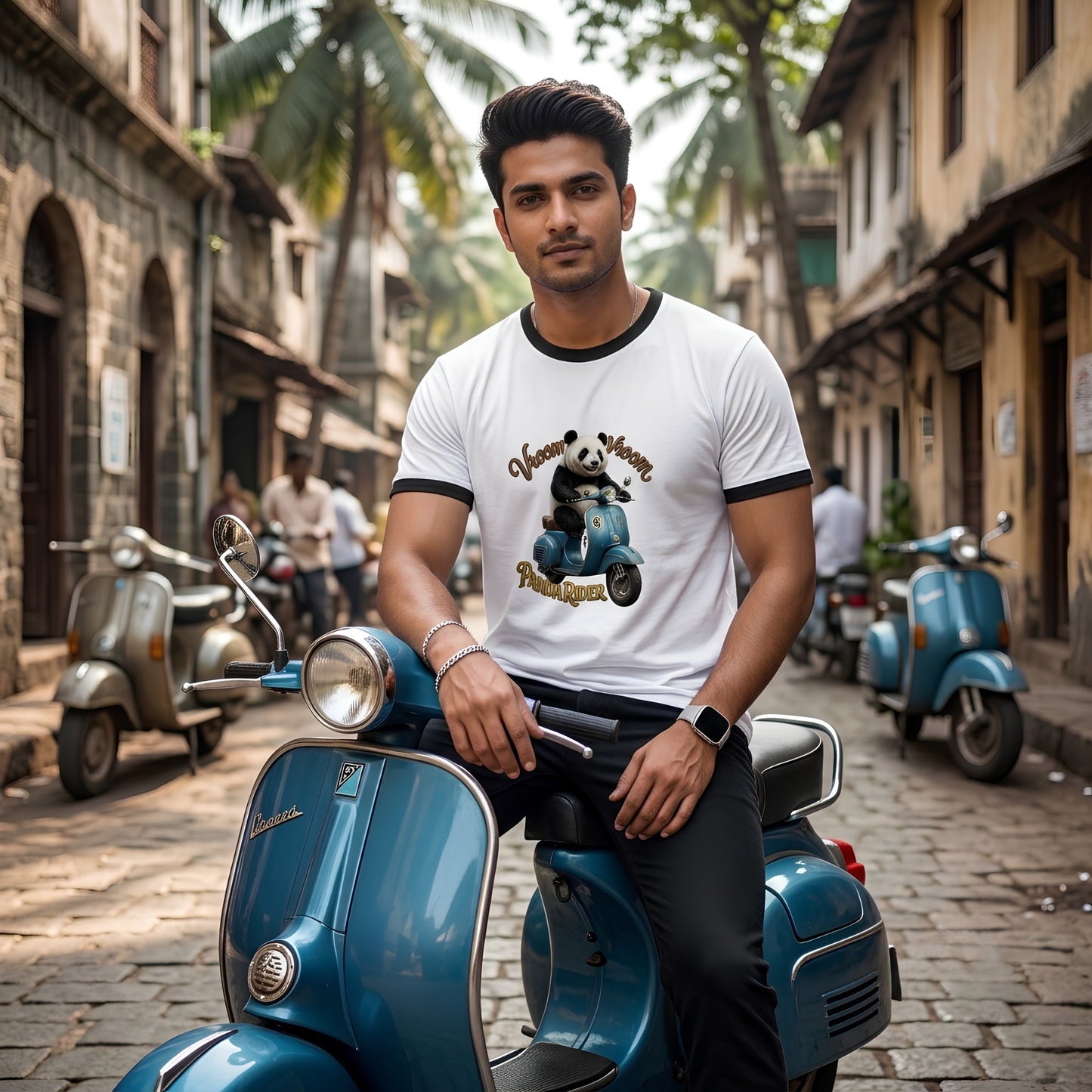 Vroom Vroom Panda Rider Ringer T-Shirt | Funny Scooter Graphic Tee | Scooter Lovers Gift