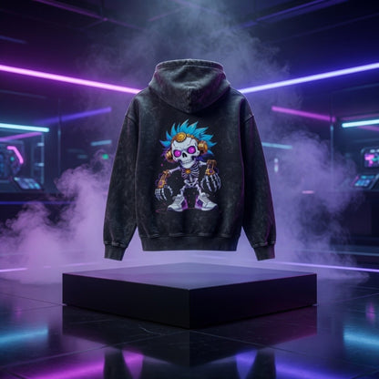 Black hoodie with a colorful skeleton design on a reflective surface with smoke and neon lights.