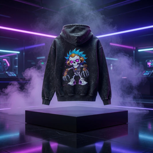 Black hoodie with a colorful skeleton design on a reflective surface with smoke and neon lights.