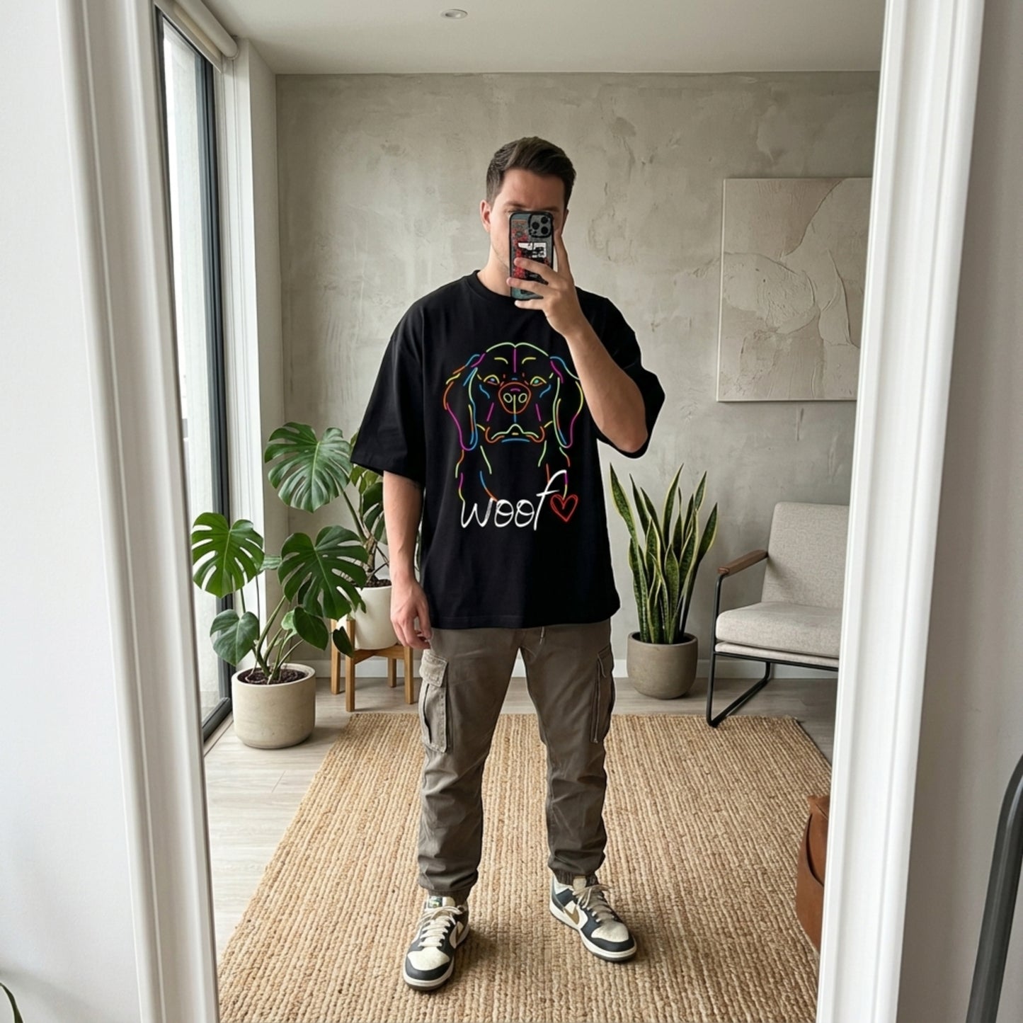 Neon Dog Line Art T-Shirt | "Woof" Dog Lover Streetwear Shirt | Oversized Unisex Terry Tee