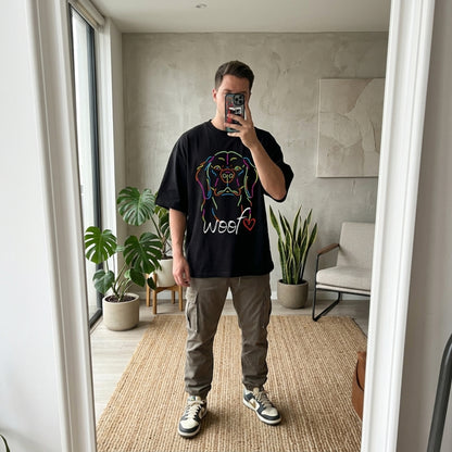 Neon Dog Line Art T-Shirt | "Woof" Dog Lover Streetwear Shirt | Oversized Unisex Terry Tee