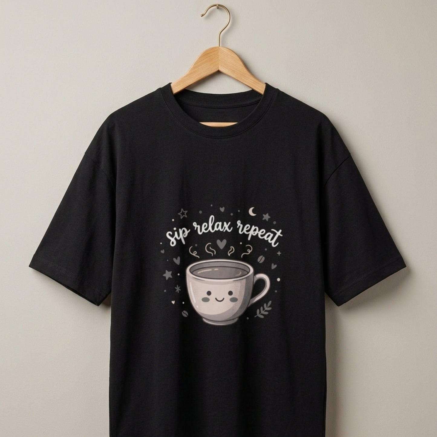 Sip Relax Repeat Oversized T-Shirt for Coffee Lover | Cute Coffee Graphic Tee | Unisex 100% Cotton 180 GSM Casual Streetwear