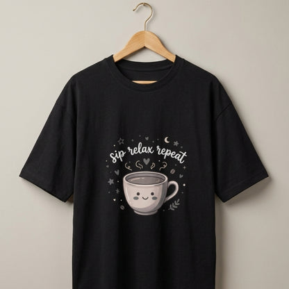 Sip Relax Repeat Oversized T-Shirt for Coffee Lover | Cute Coffee Graphic Tee | Unisex 100% Cotton 180 GSM Casual Streetwear