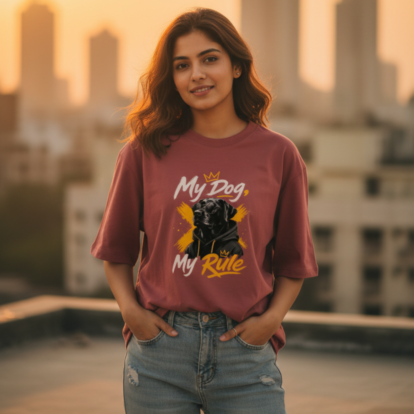 Woman wearing a t-shirt with 'My Dog, My Rule' design on a rooftop with cityscape background