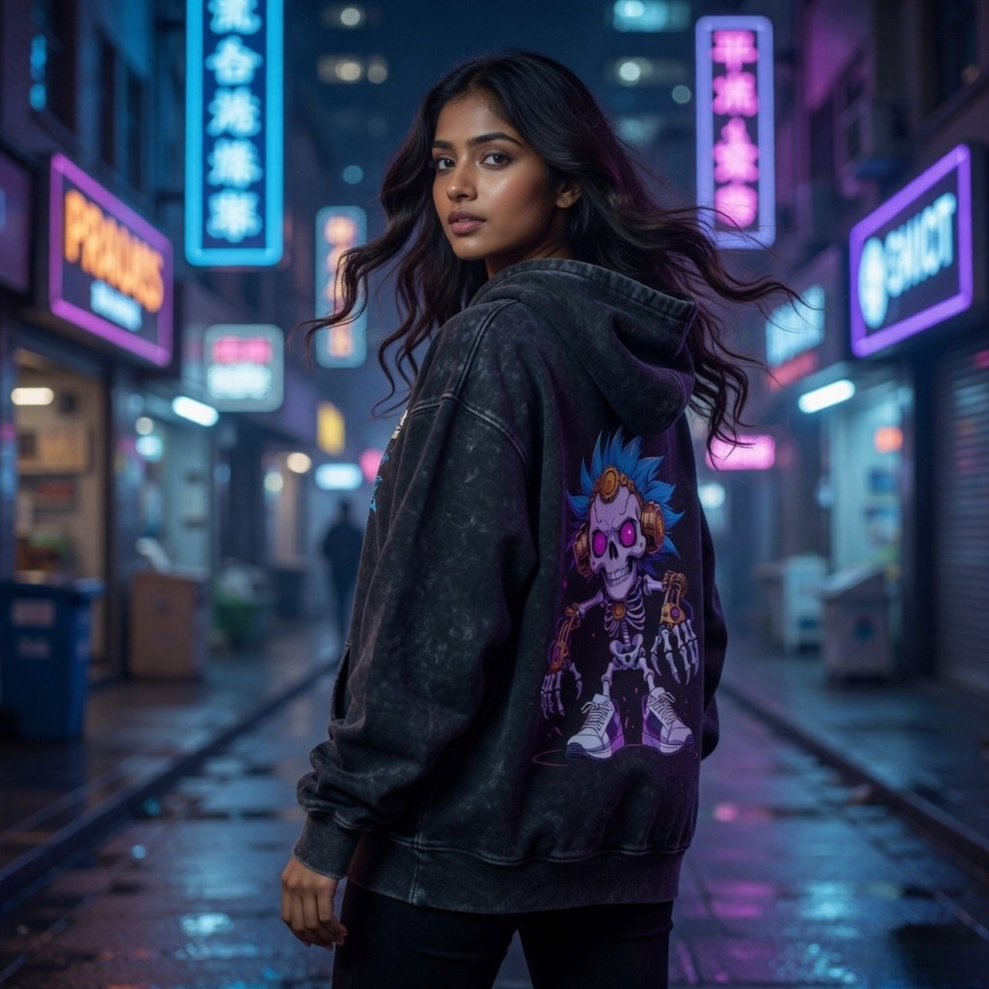 Neon Skull Graphic Hoodie | Cyberpunk Acid Wash Oversized Hoodie by Teezly