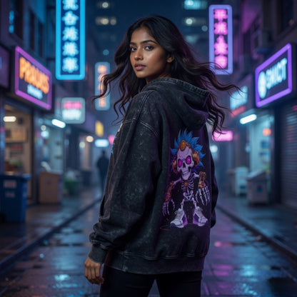 Neon Skull Graphic Hoodie | Cyberpunk Acid Wash Oversized Hoodie by Teezly