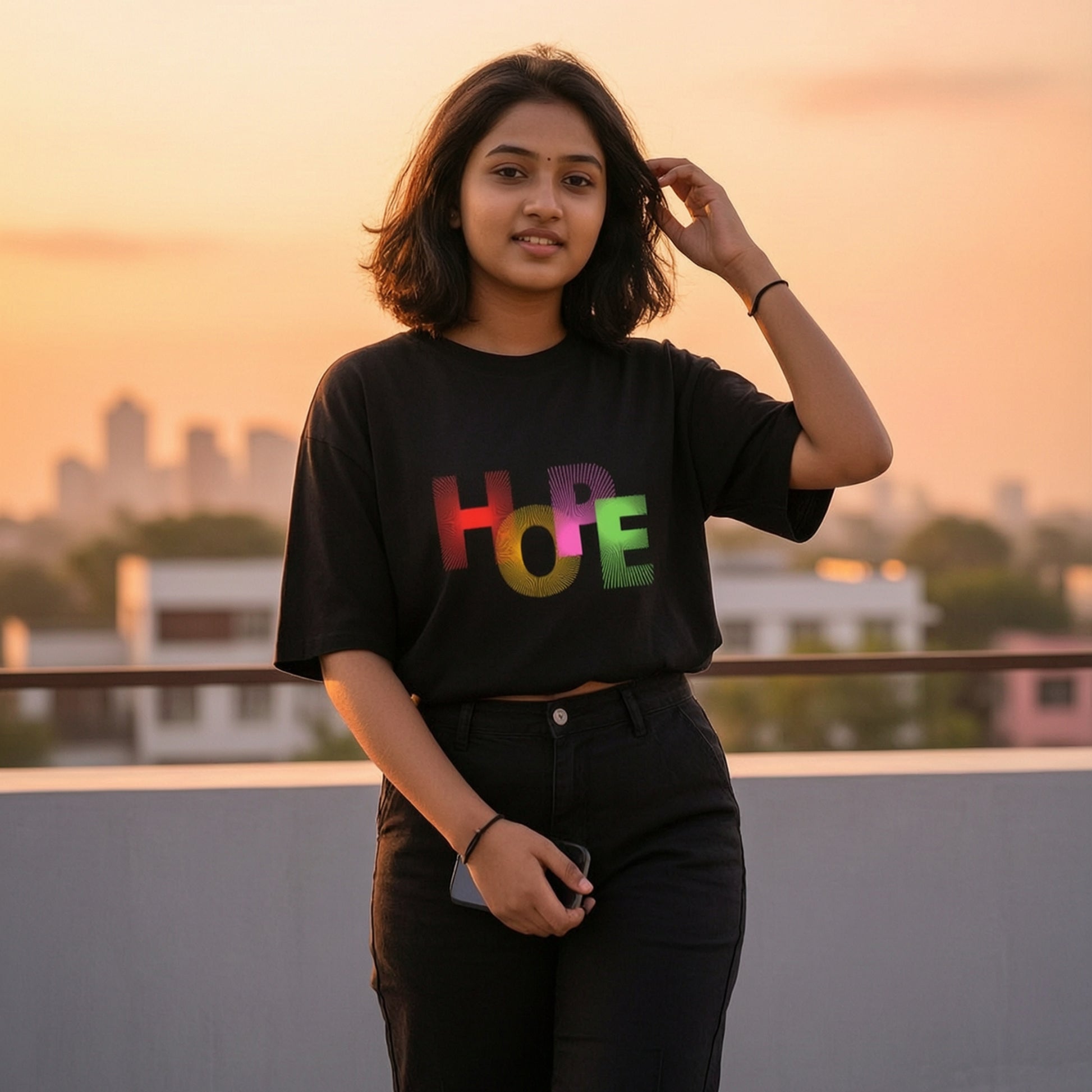 Woman wearing a black oversized t-shirt with 'HOPE' in colorful letters on a rooftop at sunset.
