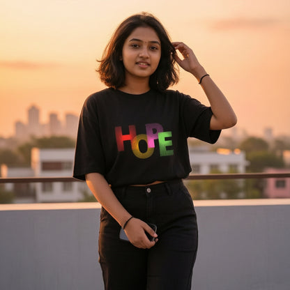 Woman wearing a black oversized t-shirt with 'HOPE' in colorful letters on a rooftop at sunset.