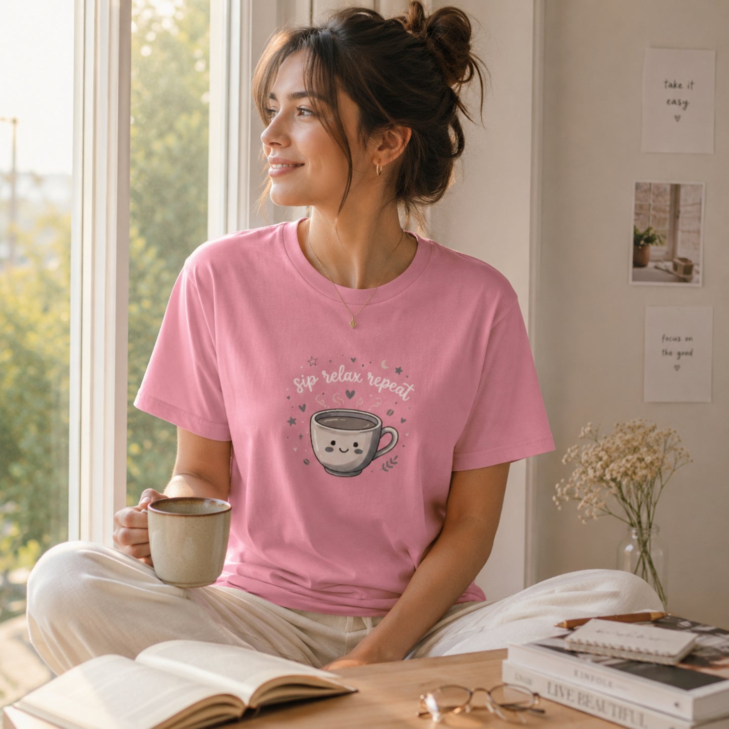 women's crew neck tshirt with printed text 'sip relax repeat' and coffee mug 