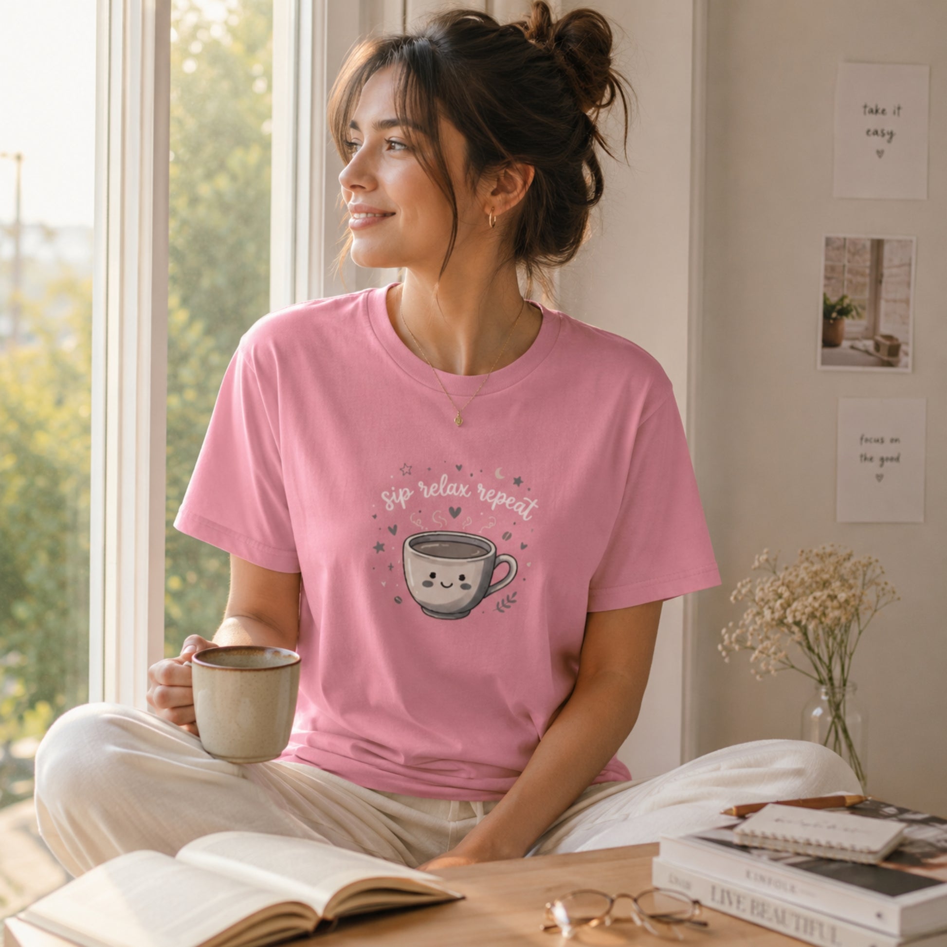 women's crew neck tshirt with printed text 'sip relax repeat' and coffee mug 