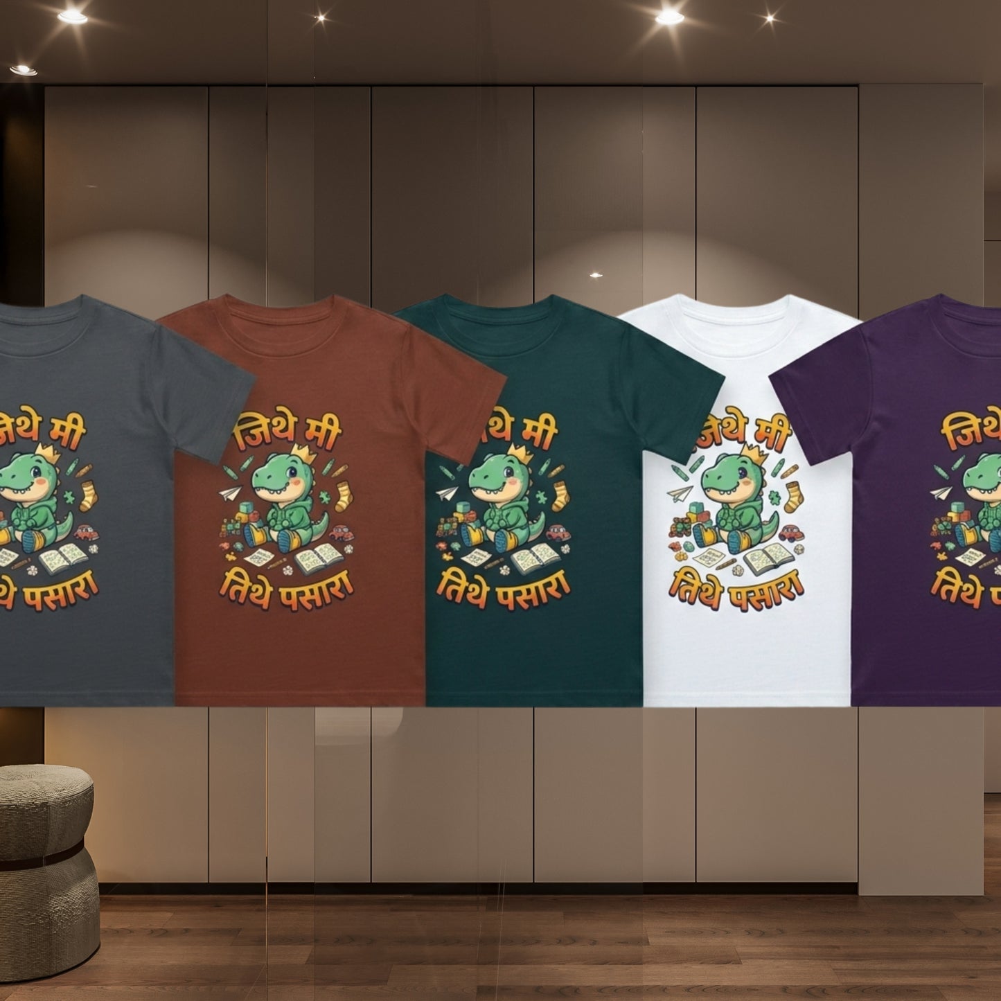 Marathi Funny Kids T-Shirt – Jithe Mi Tithe Pasara | Cute Dinosaur Cotton Tee