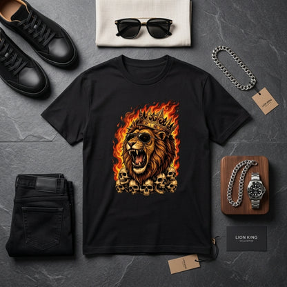 Roaring Lion Graphic T-Shirt | Flaming Skull King Cotton Tee | Streetwear Lion Print Shirt for Men Women