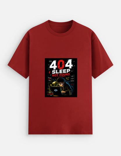 Red unisex stretch t-shirt with bold 404 Sleep Not Found cyberpunk programmer graphic print featuring dark coder illustration with red and white typography and Code Sleep 