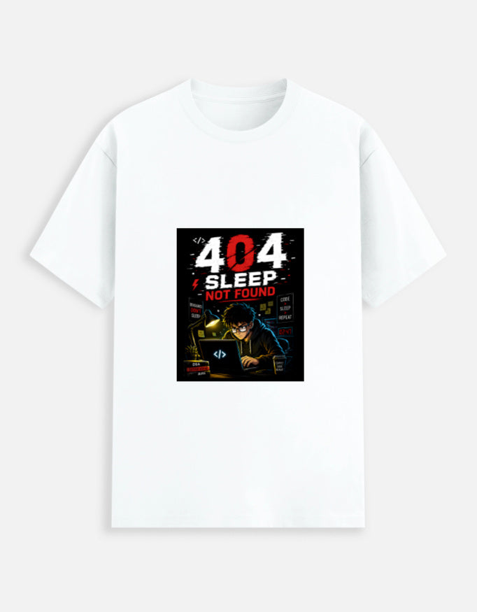 White unisex stretch t-shirt with bold 404 Sleep Not Found cyberpunk programmer graphic print featuring dark coder illustration with red and white typography and Code Sleep Repeat elements