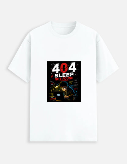 White unisex stretch t-shirt with bold 404 Sleep Not Found cyberpunk programmer graphic print featuring dark coder illustration with red and white typography and Code Sleep Repeat elements